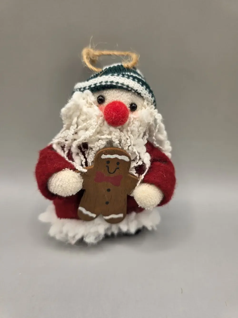 Rustic Fabric Santa Claus Tree Ornament Green Knit Hat Folk Art Farmhouse